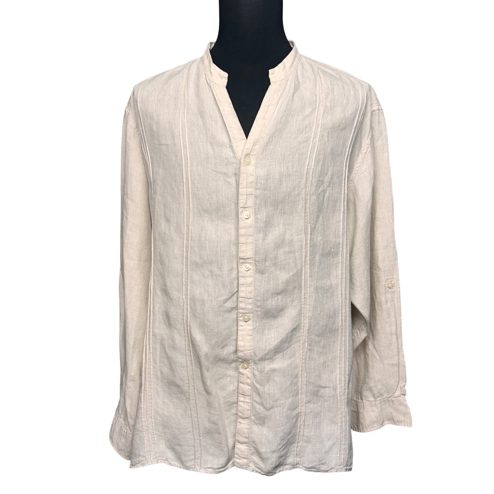 Caribbean Linen Shirt Mens XL Beige Guayabera Banded Collar Pintuck Long Sleave